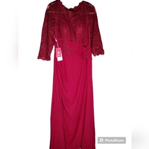 NWT JJ house burgundy lace bodice floor length dress. Lace sleeves size 14